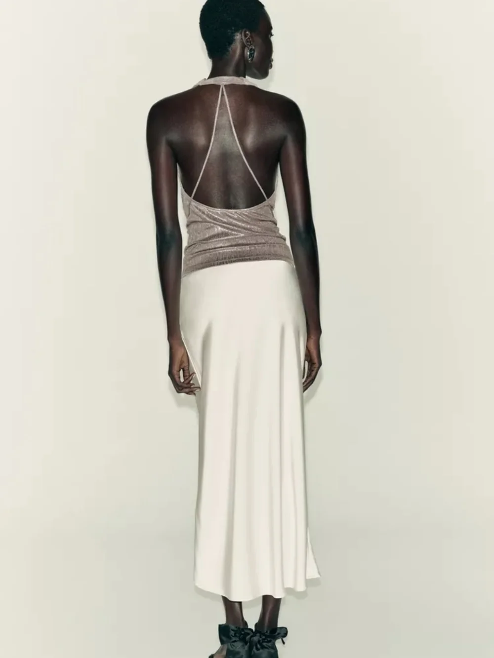 Zara Metallic Taupe Halter Draped Cowl Neck Top - Picture 5 of 8